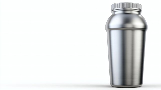 Silver metal shaker bottle mockup on white background, fitness sport container product.
