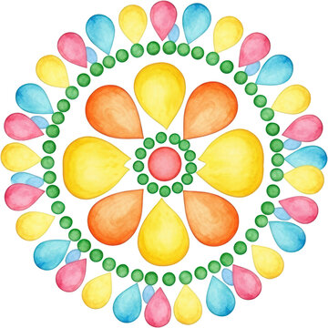 Colorful mandala design featuring symmetrical petal shapes in yellow orange pink and blue surrounded by green dots and a central red circle symmetry pattern graphic art watercolor