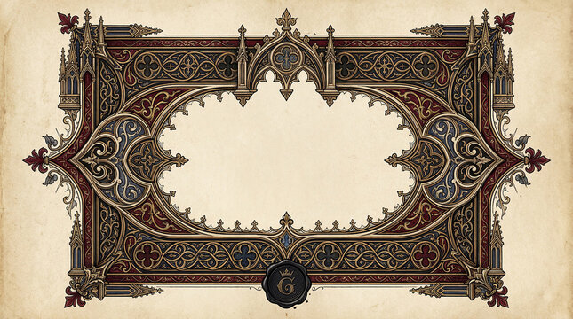 Gothic revival decorative border frame with intricate architectural details and wax seal.