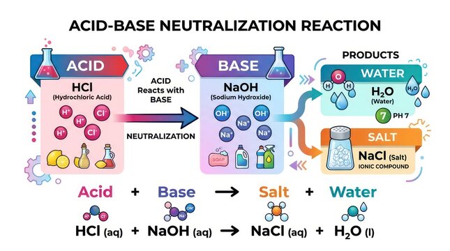 Acid-base neutralization reaction in chemistry lab. Chemical equation showing HCl and NaOH forming salt and water.