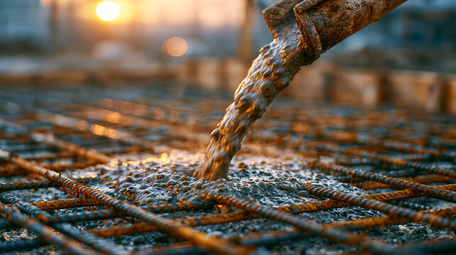 Close up of liquid concrete flowing over reinforced steel bars during golden hour.