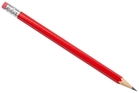 Red pencil with eraser on white background. Wooden graphite writing tool for school or office.