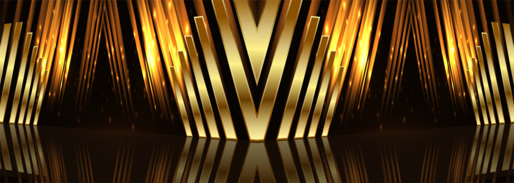 Award ceremony background with golden shapes and light rays. Wide abstract luxury banner. Vector illustration.