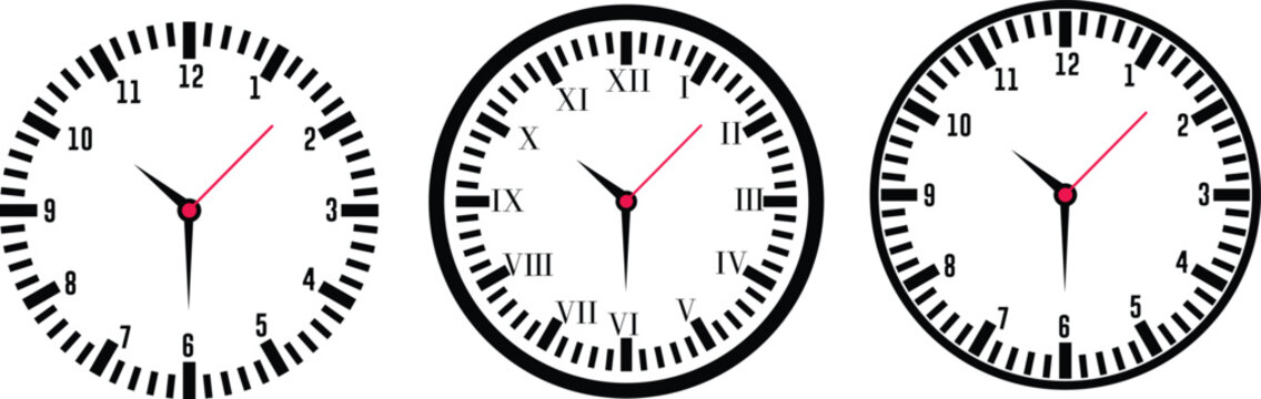 Set of Analog Clock Face Designs with English and Roman Numerals Vector illustration