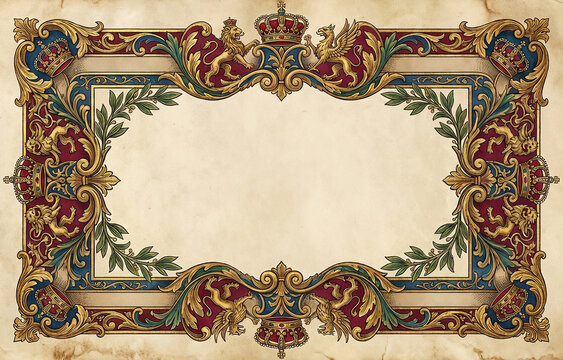 Medieval royal ornamental border with lions and crowns on parchment.