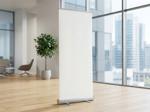 Blank roll up banner display stand in a modern office interior with large windows and city view for marketing and business advertising