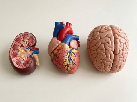Anatomical models of human kidney heart and brain isolated for medical education and science study