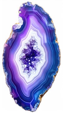 Vibrant purple and blue agate slice with crystalline center on white