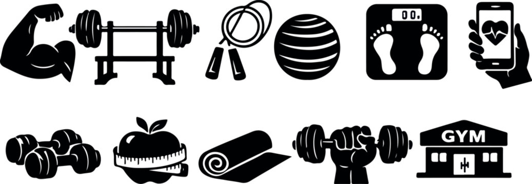 Gym, Fitness, and Bodybuilding Black Vector Glyph Icons Set