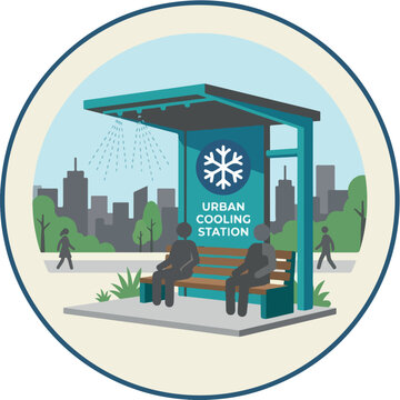 Modern urban bus stop with clock in cityscape. Public transportation shelter featuring digital transit signage and skyline view.