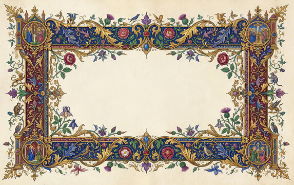 Ornate baroque floral frame with roses and birds on paper background.