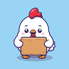 Fototapeta premium Cute White Chicken Holding Blank Sign Cartoon Vector Illustration