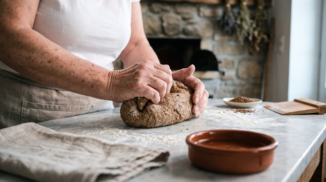 Elderly Hands Kneading Bread Dough Beside Stone Fireplace