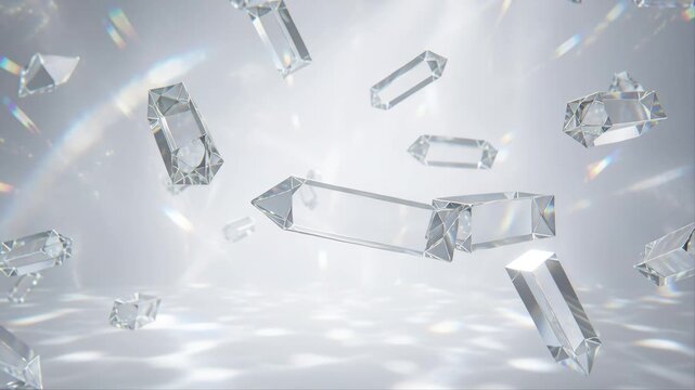 Transparent floating glass prisms with realistic optical refraction and cinematic lighting forming a seamless premium abstract technology background.