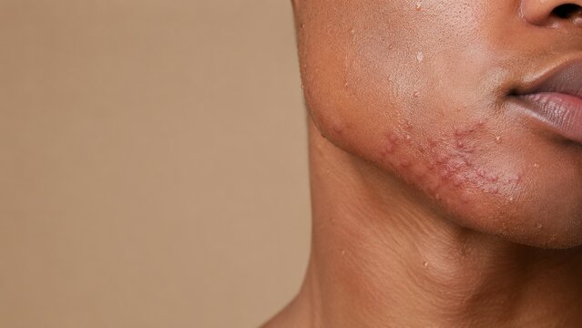 Close-up of skin showing red irritated rash and inflammation on cheek and jawline of person