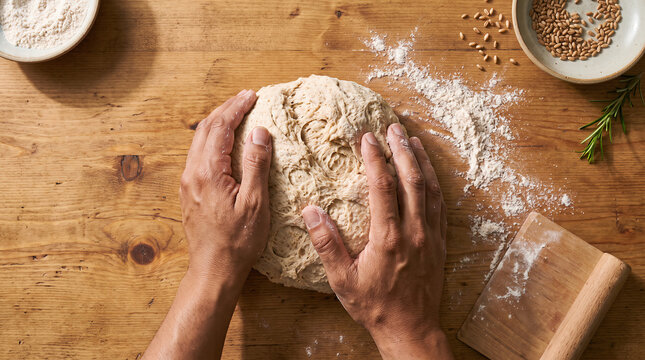 Overhead View of Hands Kneading Bread Dough on Wooden Table