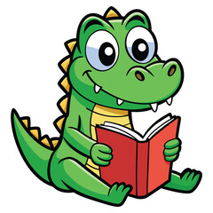 Fototapeta premium Cute Cartoon Crocodile Reading Book Happy Green Reptile Student Mascot Character Learning and Education Vector Illustration