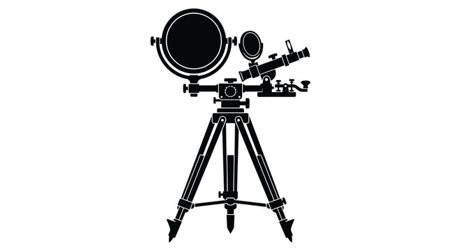 Vintage film camera with spotlight and tripod black silhouette on white