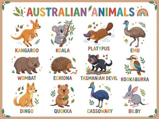 Obraz premium Australian animals poster with cute cartoon characters. Educational vector chart featuring kangaroo, koala, platypus, emu, wombat, echidna, tasmanian devil, kookaburra, dingo, quokka.
