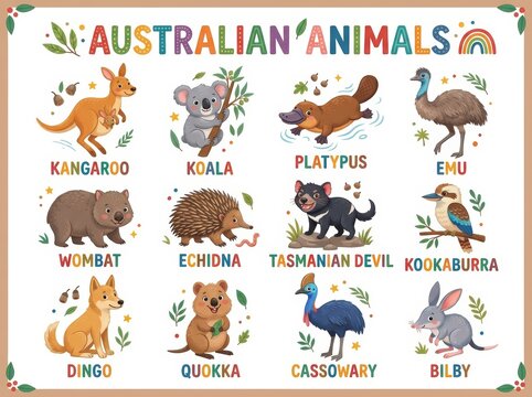 Australian animals poster with cute cartoon characters. Educational vector chart featuring kangaroo, koala, platypus, emu, wombat, echidna, tasmanian devil, kookaburra, dingo, quokka.