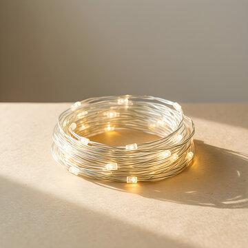 Neatly coiled warm-white decorative string lights with distinct bulbs