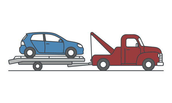 Vintage tow truck towing a compact car on a flatbed trailer isolated on white background minimalist icon concept