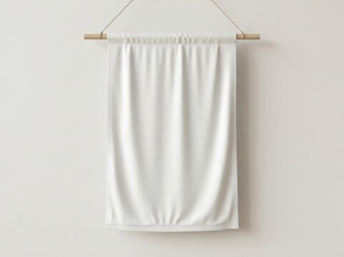 Blank white towel hanging on a wooden rod against a simple wall for bathroom or spa branding and design mockup presentation
