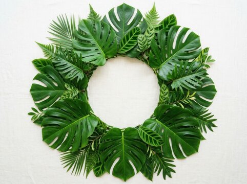 Circular frame made of vibrant green tropical palm leaves and exotic monstera foliage for creative design and natural decoration