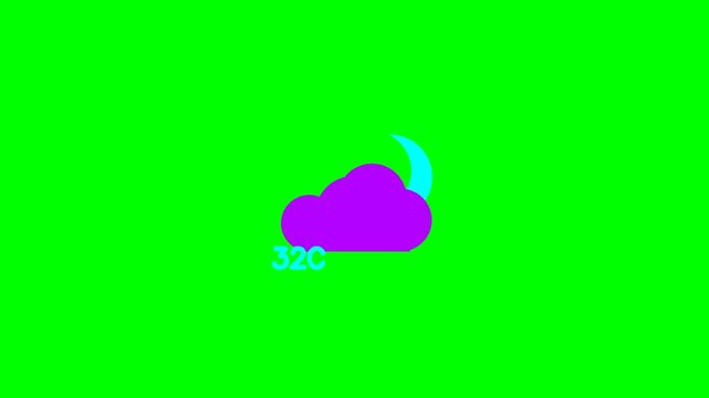 A digital illustration of a purple cloud with a crescent moon and a temperature reading of 32 degrees Celsius on a bright green background.