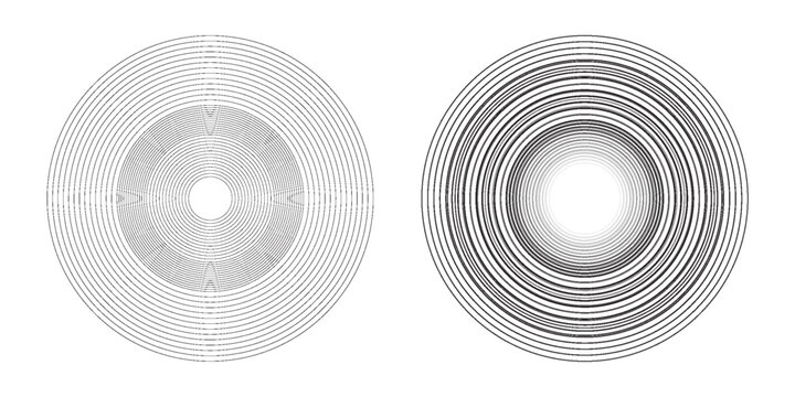 Black concentric circle set. Sonar or sound wave ring collection. Dotted and linear epicentre, target, radar icon concept. Ripple radial signal or vibration elements. Vector line and halftone symbols