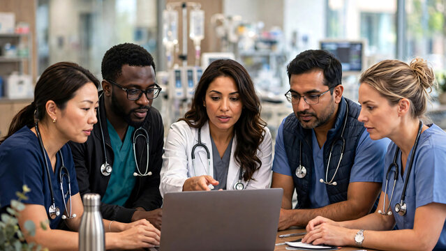 A diverse team of nurses and healthcare professionals gathered around a laptop in a contemporary hospital office, analyzing electronic health records, reviewing laboratory results, conducting medical 