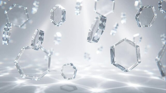 Crystal hexagons floating with realistic reflections and seamless cinematic lighting creating an elegant abstract glass technology background.