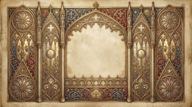 Ornate gothic architecture style border frame with stained glass aesthetic and sacred symbols.