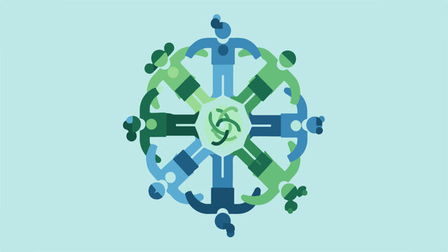 Three-dimensional geometric illustration of interconnected circular arrows with green and blue highlights forming a dynamic circular flow.