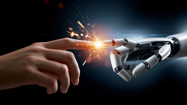 Human hand and robotic hand touching fingertips with sparks flying between them, symbolizing artificial intelligence and human connection, dramatic technology visual, with copy