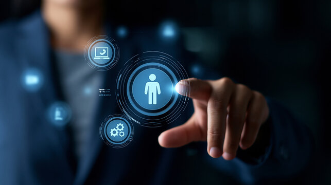 Faceless hand pointing to virtual icons in a dark room, business outsourcing concept, remote technology management, with copy space