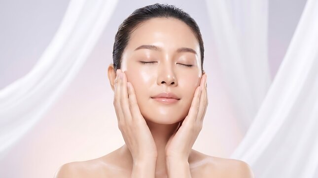 Beautiful young woman with glowing skin gently touching her face for a healthy skincare beauty concept and facial wellness treatment