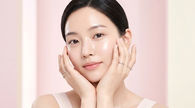 Close up portrait of a young woman with glowing healthy clear skin touching her face gently for natural beauty skincare advertising