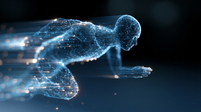 A digital runner figure powered by AI energy, speeding forward with glowing motion trails, futuristic technology concept, dynamic AI visualization, with copy space