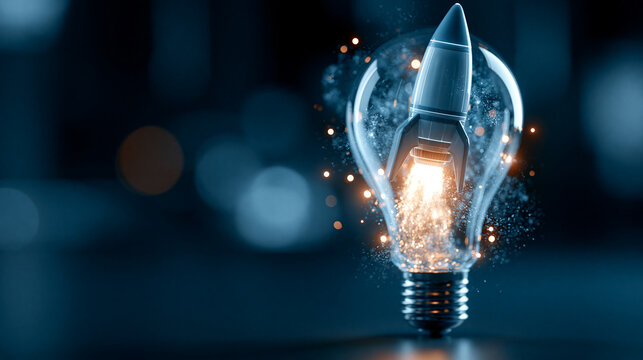 Abstract rocket launching inside a glowing light bulb surrounded by particle effects, innovation and idea concept, creative technology visual, with copy space