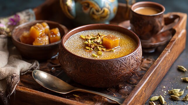 Rich sago pudding served with jaggery pieces and cardamom pods beside (1)