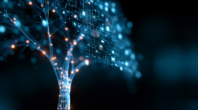 Abstract digital data network shaped like a tree with glowing icons and information nodes, data structure visualization, with copy space