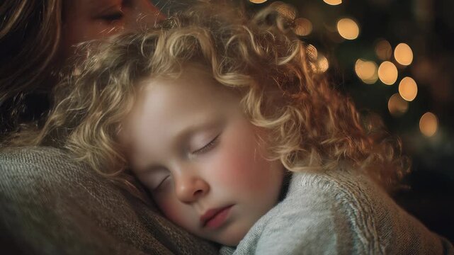 Curly haired child peacefully sleeping in mother's arms, cozy winter evening setting with soft bokeh lights in the background, capturing a warm, loving family moment and serene holiday atmosphere