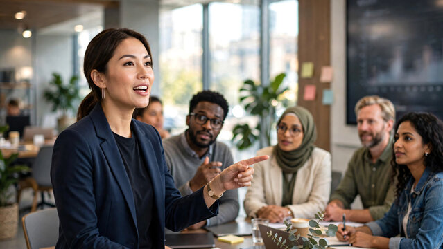 A professional businesswoman in casual business attire confidently presenting a proposal to a diverse team during an office workshop, pointing toward a presentation display while discussing company.