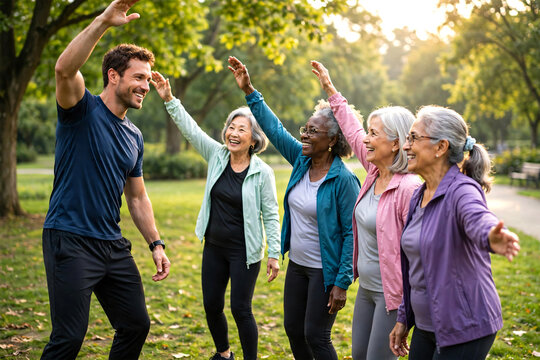A cheerful group of active senior women exercising outdoors in a beautiful green park under the guidance of a professional personal trainer. 