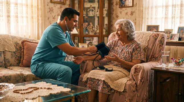 Nurse with Stethoscope Checking Elderly Woman's Blood Pressure at Home