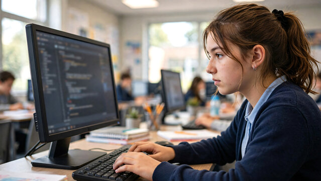 A teenage girl student sitting at a computer in a modern high school classroom, typing on a desktop keyboard while working on an IT assignment, software project, and academic coursework. 