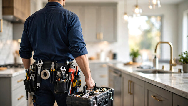 A skilled plumbing technician  a contemporary home kitchen with a professional toolbox and fully equipped utility belt, preparing to inspect plumbing fixtures and perform maintenance or repair work. 
