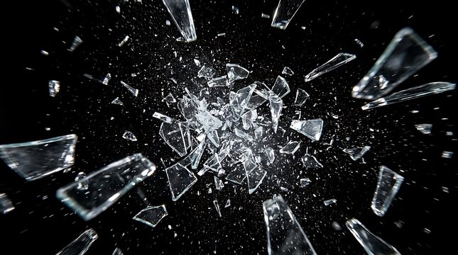 Shattered glass exploding into sharp shards and tiny particles against a dark black background abstract destruction concept