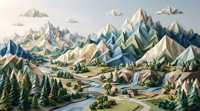 Paper craft mountain landscape with river. Low poly 3D paper art style nature scenery.